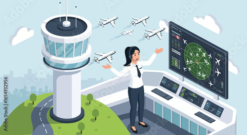 Isometric Air Traffic Control Tower with Controller and Aircrafts