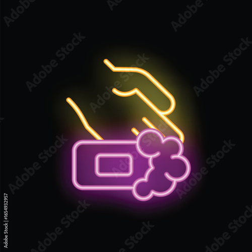 Neon sign of two hands lathering soap creating bubbles for washing up and hygiene