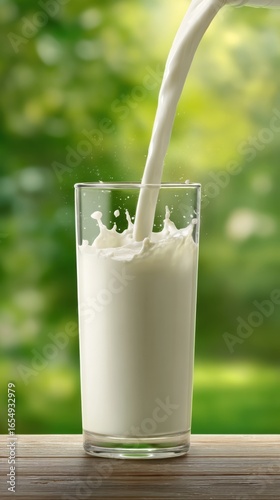 Fresh milk pouring into glass on wooden table against blurred green garden background healthy breakfast concept