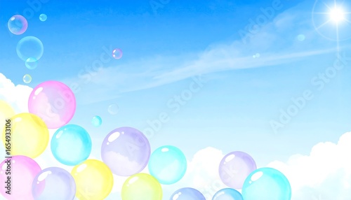 Delicate, pastel-hued bubbles float against a vibrant blue sky, suggesting a cheerful and playful mood.