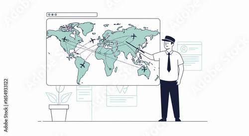 Man Explaining Global Air Routes With World Map On Presentation Board