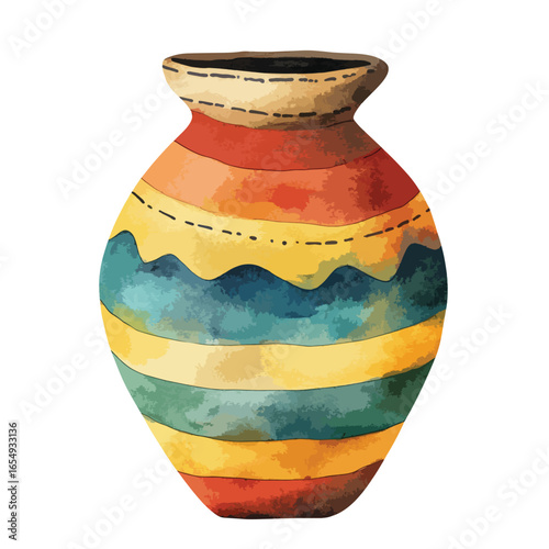 Watercolor Style Vase with Earth Tones and Dashed Line Accents