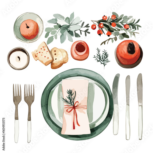 Watercolor Table Setting with Festive Elements Artistic Arrangement and Decorative Details