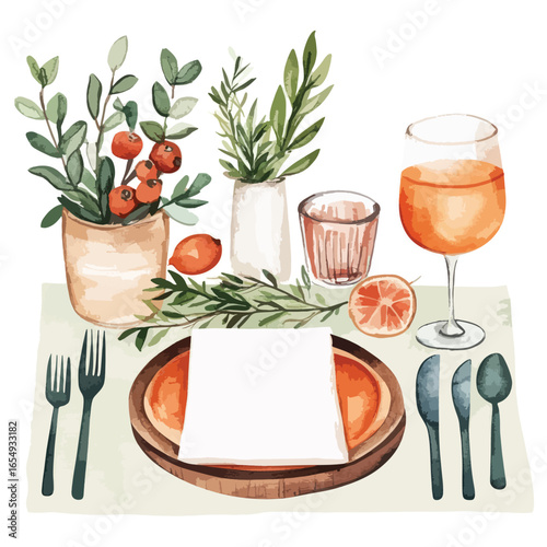 Watercolor Table Setting with Orange Drink Berries and Greenery in Vases