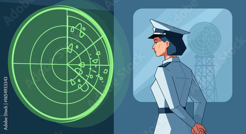 Military Surveillance Station with Security Officer Monitoring Radar Screens