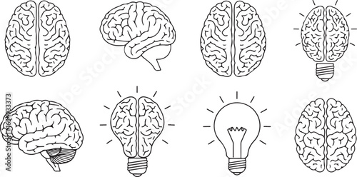 Set of eight black and white line art illustrations of human brains and light bulbs