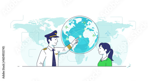 Pilot Explaining Flight Route to Passenger with Globe Background