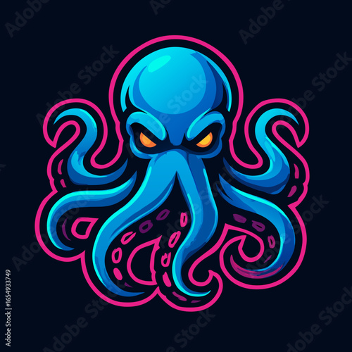 Vector illustration of a fierce blue octopus with glowing eyes and tentacles, a powerful mascot design for a gaming or esports team logo.
