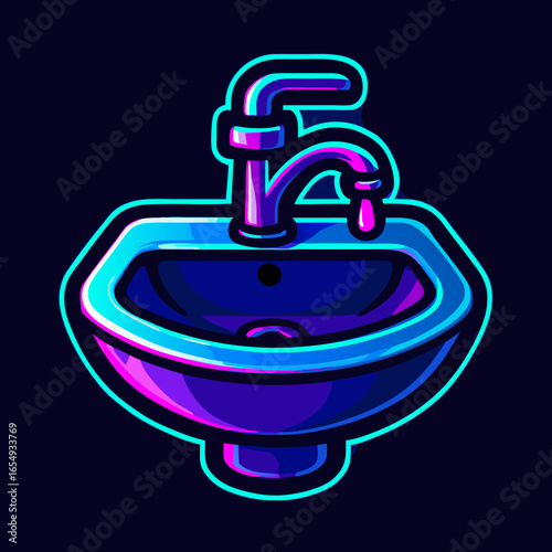 Neon Sink Vibrant Bathroom Fixture Illustration