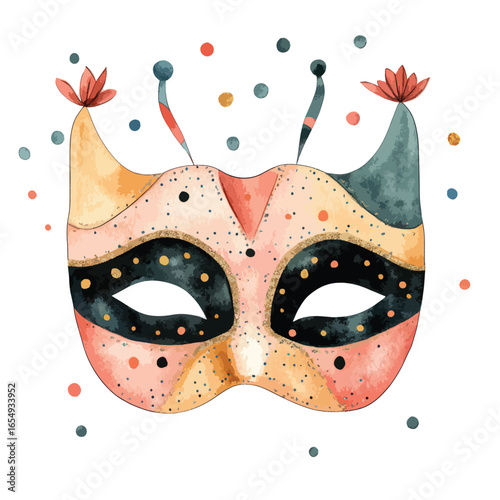 Watercolor Venetian Mask with Floral Accents and Decorative Confetti