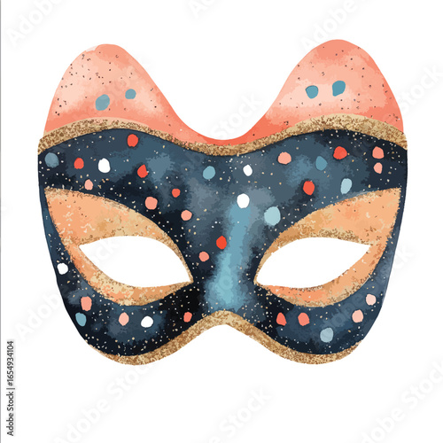 Watercolor Venetian Mask with Gold Glitter and Colorful Polka Dots