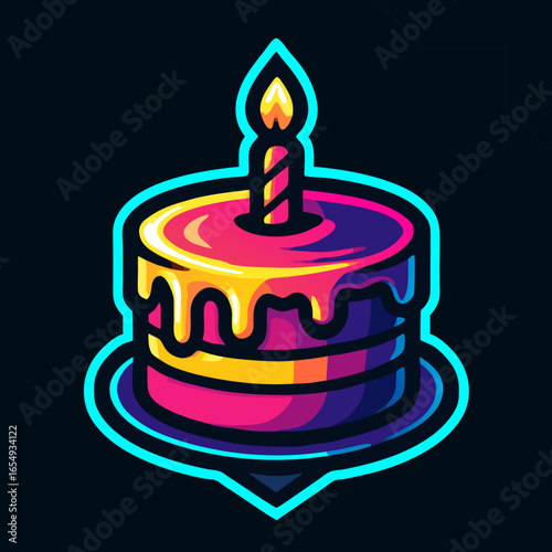 Stylized neon birthday cake vector graphic with a glowing candle, designed as a cool mascot or logo for a fun anniversary celebration.