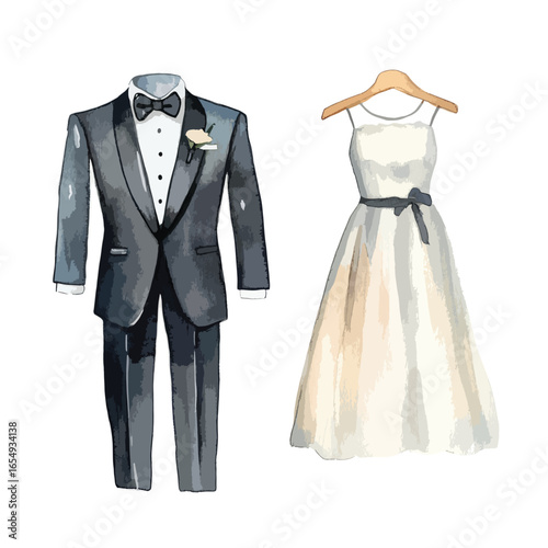 Watercolor Wedding Attire Grooms Tuxedo and Brides Simple Dress
