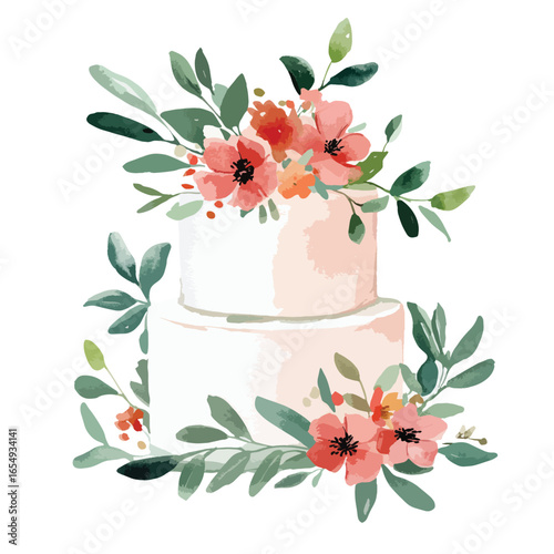 Watercolor Wedding Cake Adorned with Coral Flowers and Greenery