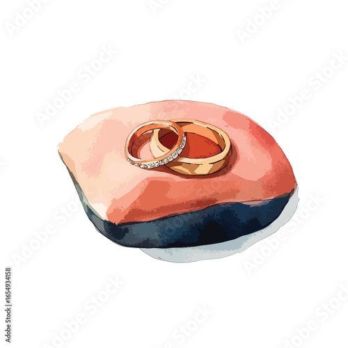 Watercolor Wedding Rings Resting on a Soft Colorful Pillow