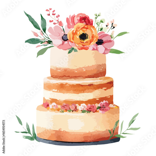 Watercolor Wedding Cake with Floral Decorations and Layered Design