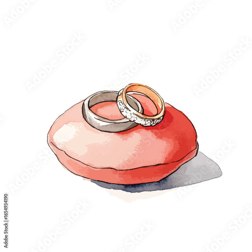 Watercolor Wedding Rings Resting on a Soft Crimson Pillow