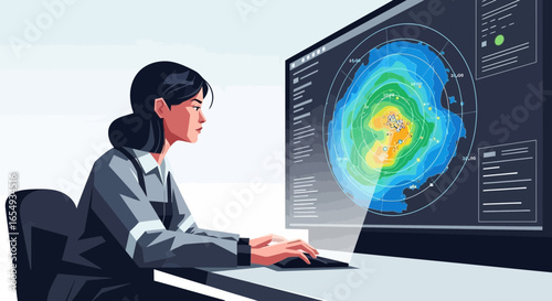 Woman Analyzing Weather Data on Computer Display in Office