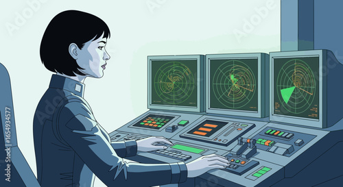Woman Controls Advanced System On a Futuristic Bridge Console