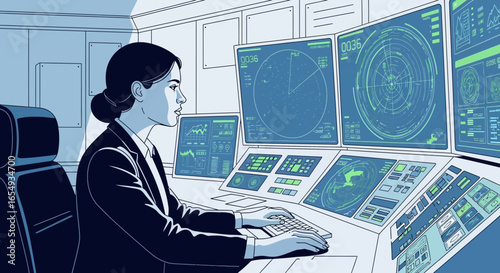 Woman In Control Room Monitoring Complex Data On Multiple Screens