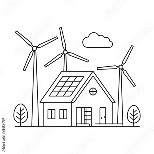 Hand drawn illustration of a house with solar panels and wind turbines isolated on white background