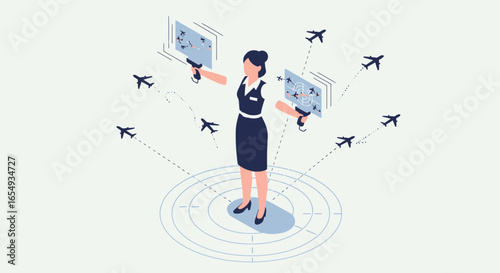 Woman Manages Air Traffic Control with Futuristic Technology Illustration
