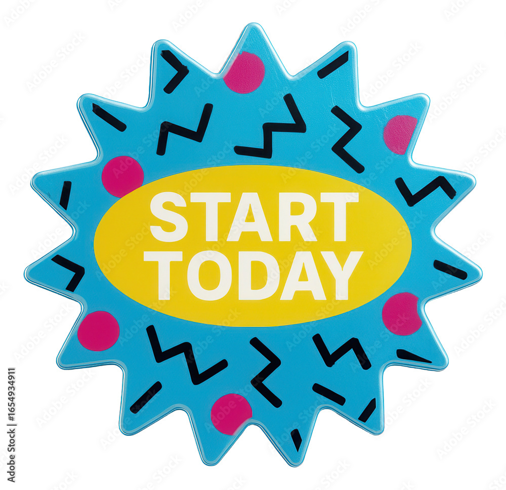 Fototapeta premium Vibrant blue burst sticker with START TODAY message in bold font, eye-catching retail promo offer on transparent background.