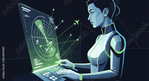 Woman Monitors Air Traffic Control on Radar Screen