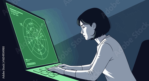 Woman Monitors Air Traffic on Radar Screen with Focused Attention