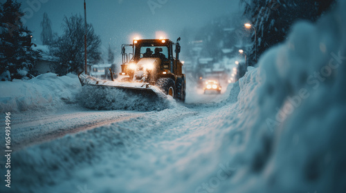Snow plow clearing a snowy road at night