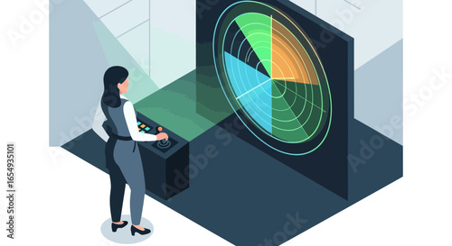 Woman Operates Advanced Control Panel Analyzing Data on Large Monitor