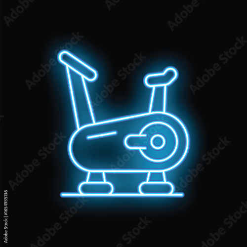 Glowing neon sign of stationary exercise bike for home and gym workout on black background