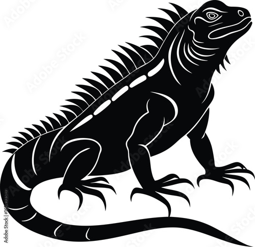 Black and White Stylized Iguana Illustration on white background