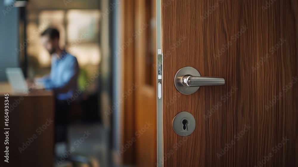 Obraz premium Open wooden door with blurred office background and man working at desk
