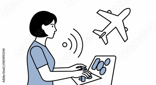 Woman Working Controlling Airplane Flight Simulating Technology Illustration
