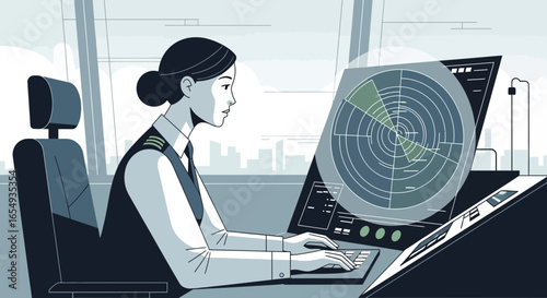 Woman Working at Air Traffic Control Tower with Radar System