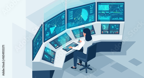Wallpaper Mural Woman Working At Futuristic Control Room With Data Visualization Displays Torontodigital.ca