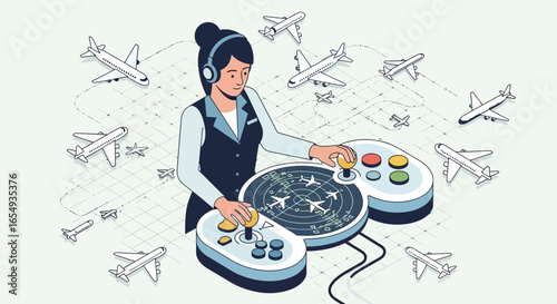 Woman Working As Air Traffic Controller Directs Plane Traffic Cartoon Style