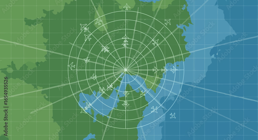 Obraz premium World Map Displaying Airplane Routes And Radar Visualization Concept