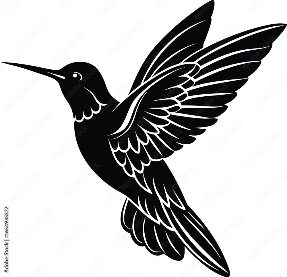 Fototapeta premium Elegant Black Hummingbird Silhouette in Flight on white background