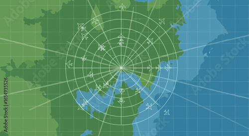 World Map Displaying Airplane Routes And Radar Visualization Concept