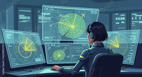 Woman Working In Air Traffic Control Tower With Radar Technology
