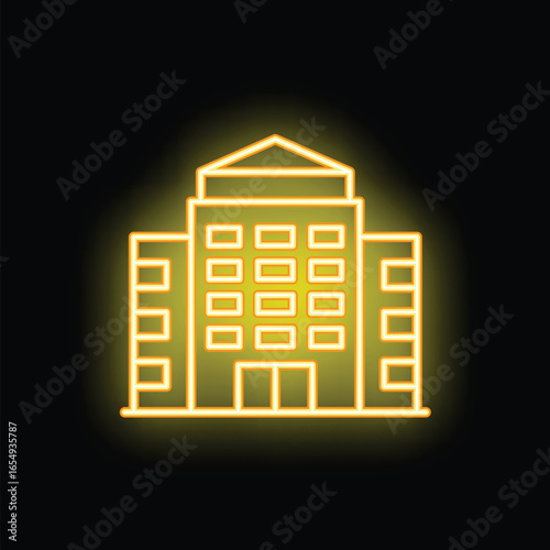 Yellow neon sign depicting a generic multistory building with glowing windows on a black background