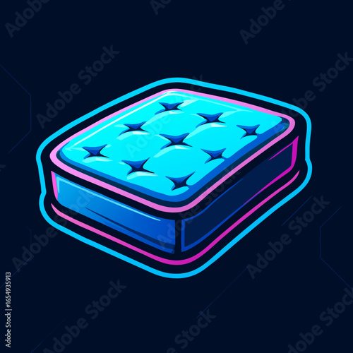 Vibrant neon mattress illustration with glowing pink and blue highlights. Stylized bed icon for sleep, comfort, and dreams concepts. Modern vector graphic of bedroom furniture.