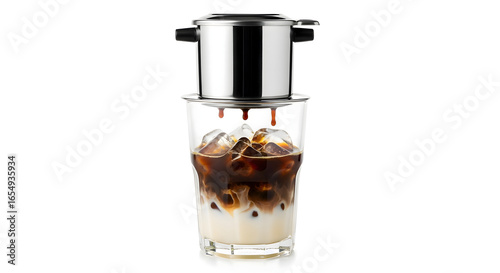 Traditional Vietnamese iced drip coffee with phin filter on a glass of ice and condensed milk, isolated on white background, refreshing Asian beverage.