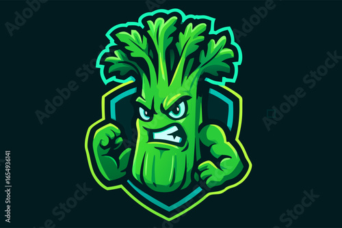 Celery Cartoon Mascot with Muscular Arms Ready to Fight on a Sports Team Logo on Dark Background