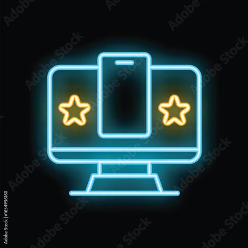 Glowing neon line icon of a computer monitor with a smartphone and two five pointed stars, representing positive feedback and customer satisfaction