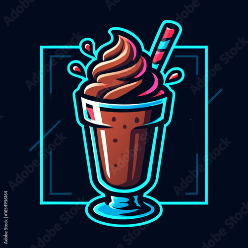 Vibrant chocolate milkshake mascot logo illustration with a glowing blue neon frame, a sweet dessert drink for a gaming or esports emblem.