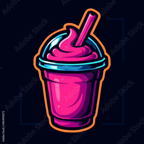 Vibrant pink smoothie illustration in a modern cartoon style. A refreshing cold milkshake or fruit drink in a plastic cup with a dome lid, isolated on a dark background as a vector icon.
