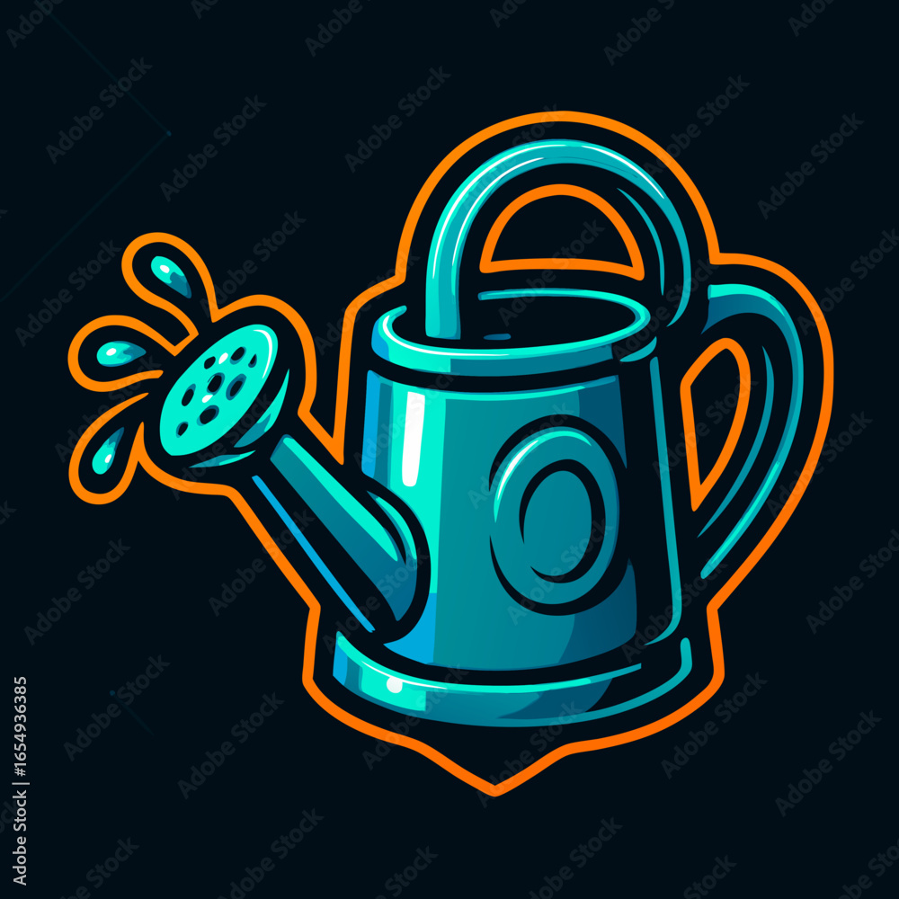 Obraz premium A vibrant and stylized cartoon illustration of a shiny blue watering can splashing water. This modern mascot or icon represents gardening, growth, and nurturing concepts.